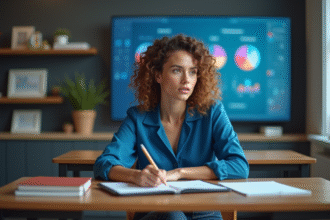 Femme concentrée prenant des notes sur une tablette dans une salle moderne
