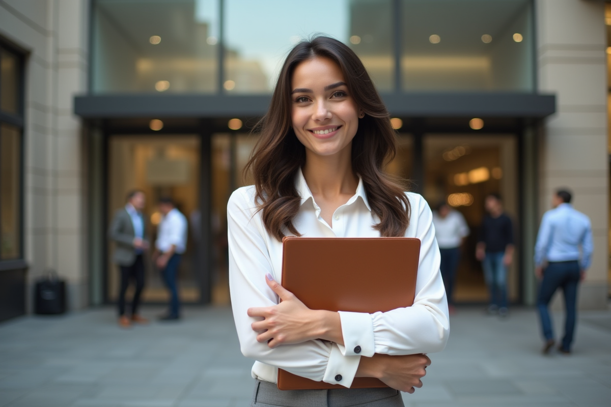 Jeune femme dans une rue devant une banque moderne