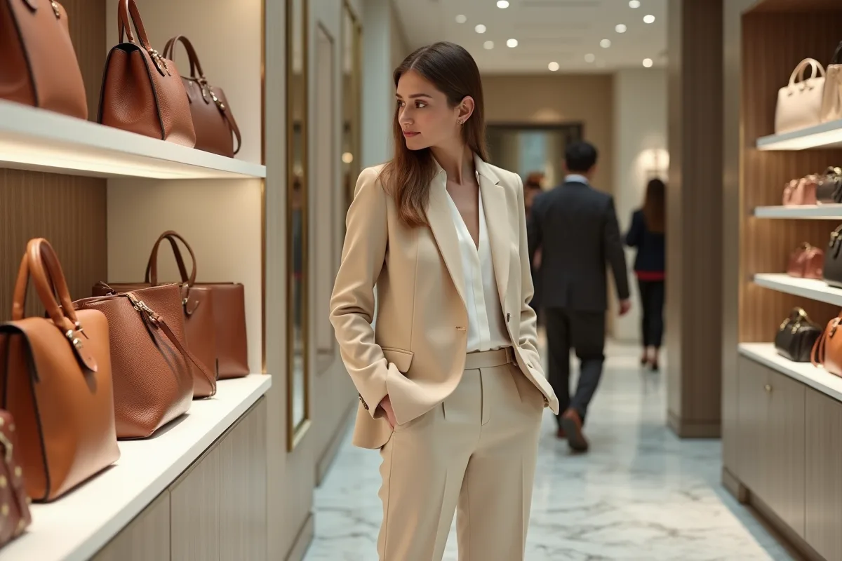 Femme élégante dans une boutique de luxe avec sacs à main