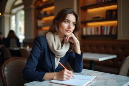 Femme dessinant dans un cafe parisien en dress code navy