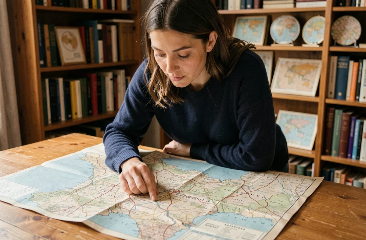 Femme étudiant une carte de France pour localiser les fleuves principaux sur une carte papier
