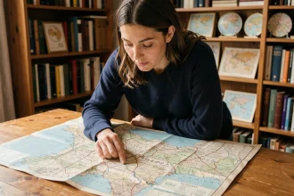 Femme étudiant une carte de France pour localiser les fleuves principaux sur une carte papier