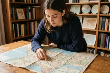 Femme étudiant une carte de France pour localiser les fleuves principaux sur une carte papier