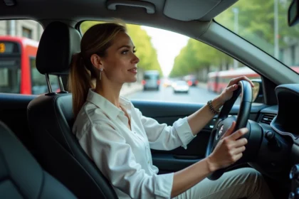 Femme au volant d'une voiture moderne en ville