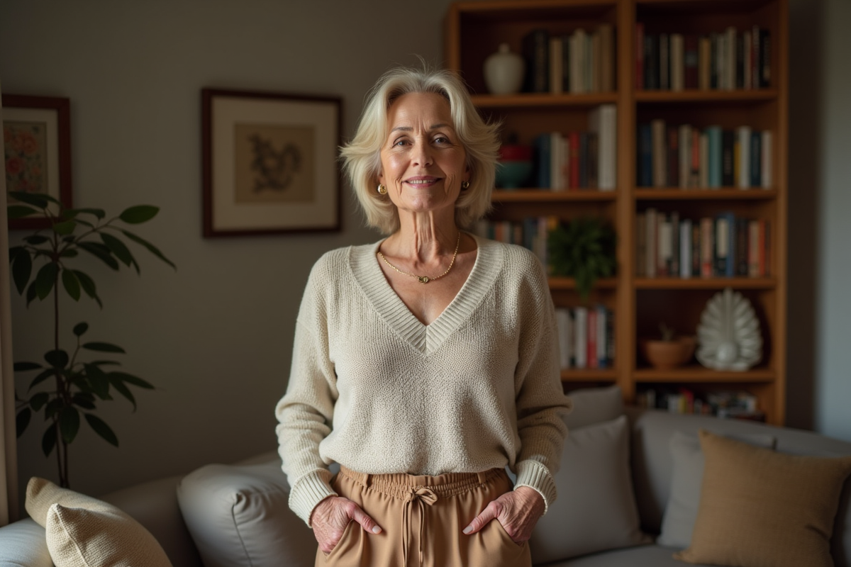 Femme détendue dans un intérieur chaleureux en pull et pantalon