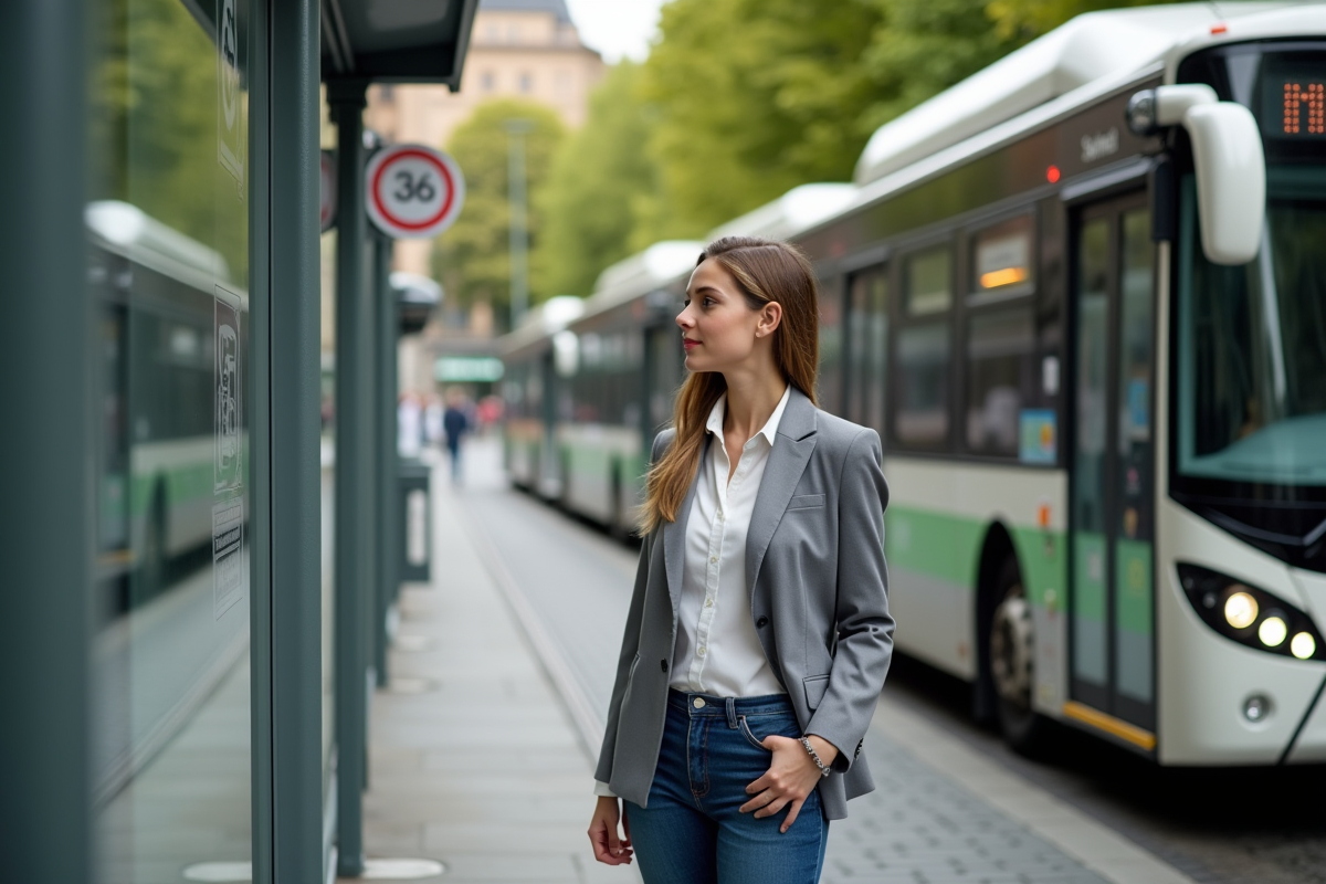 Jeune femme vérifiant une vignette emissions sur un bus en ville