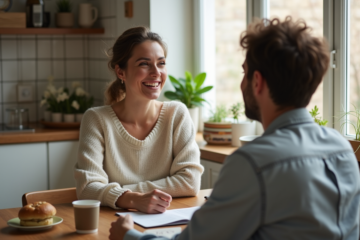Femme souriante discutant dans une cuisine chaleureuse