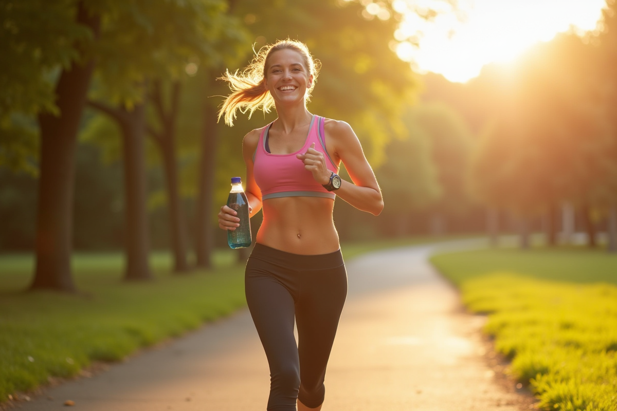 Femme en tenue de sport courant dans un parc ensoleille