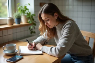 Jeune femme écrit 1 mile en km dans la cuisine
