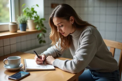 Jeune femme écrit 1 mile en km dans la cuisine