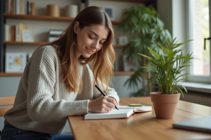 Jeune femme écrivant dans un carnet finances lumineux