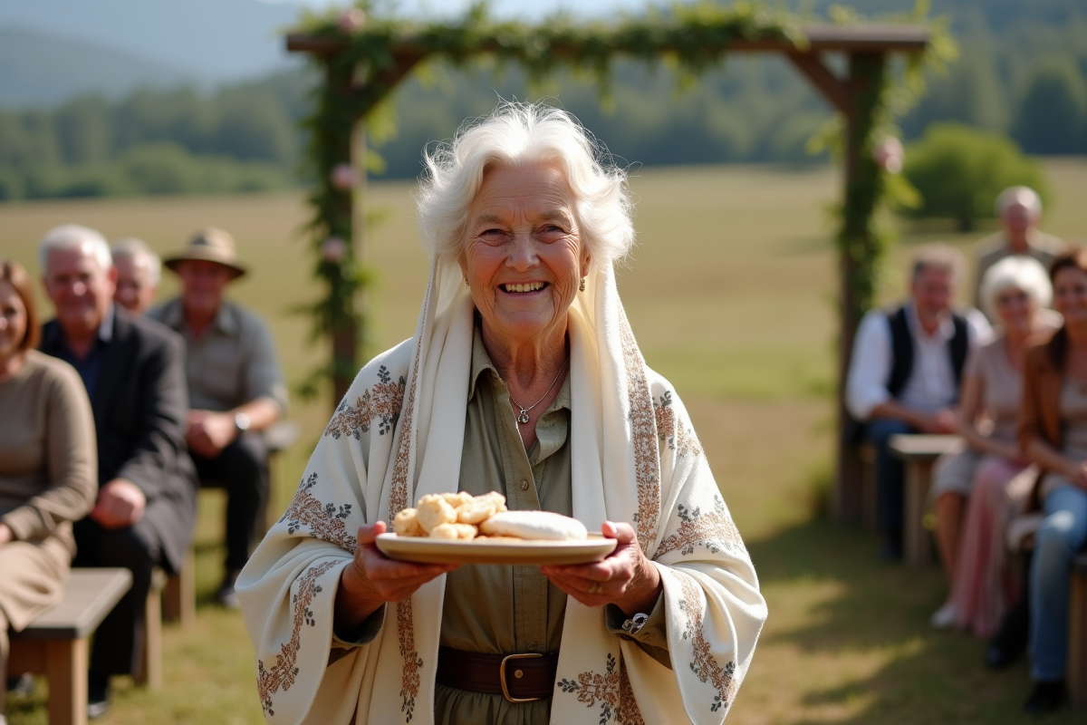Femme âgée accueillant un couple de mariés avec pain et sel en extérieur