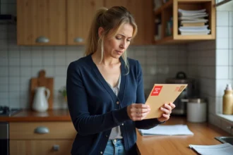 Femme examine une enveloppe avec sticker retour à l'expéditeur