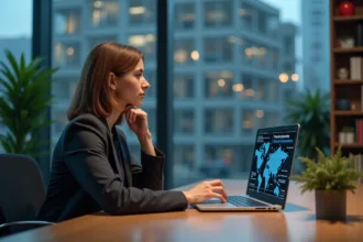 Femme professionnelle réfléchie travaillant sur un ordinateur avec réseau neural