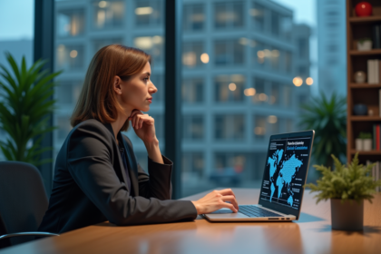 Femme professionnelle réfléchie travaillant sur un ordinateur avec réseau neural