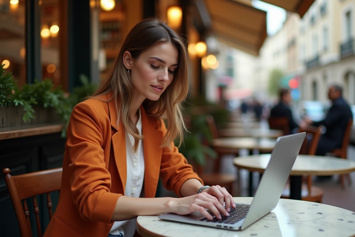 Jeune femme consultant une ressource grammaticale sur ordinateur dans un café parisien pour éviter les erreurs de majuscule