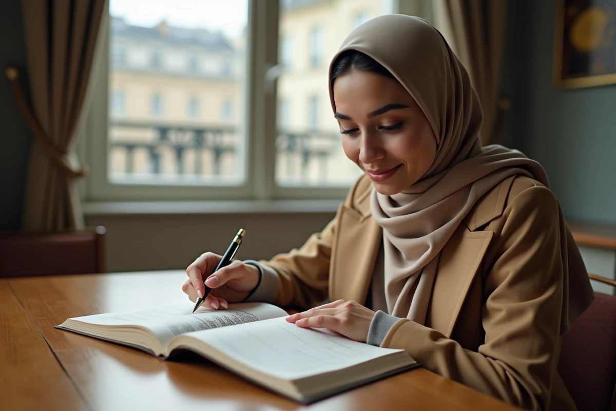 Jeune femme musulmane en hijab lisant un livre de jurisprudence islamique
