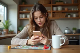 Femme assise à la cuisine joue à Monopoly sur son smartphone