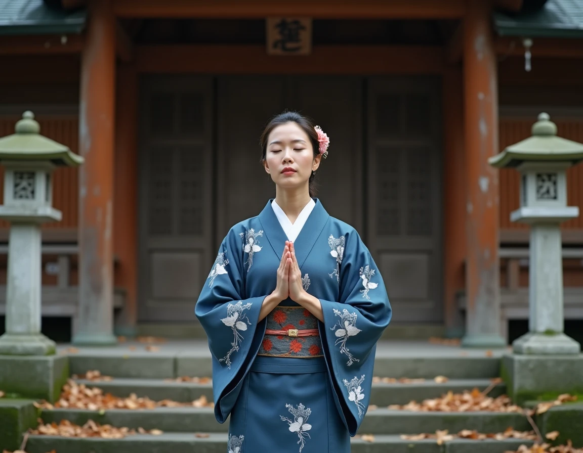 Femme japonaise en kimono tenant un omamori devant un sanctuaire shinto traditionnel entouré de lanternes en pierre