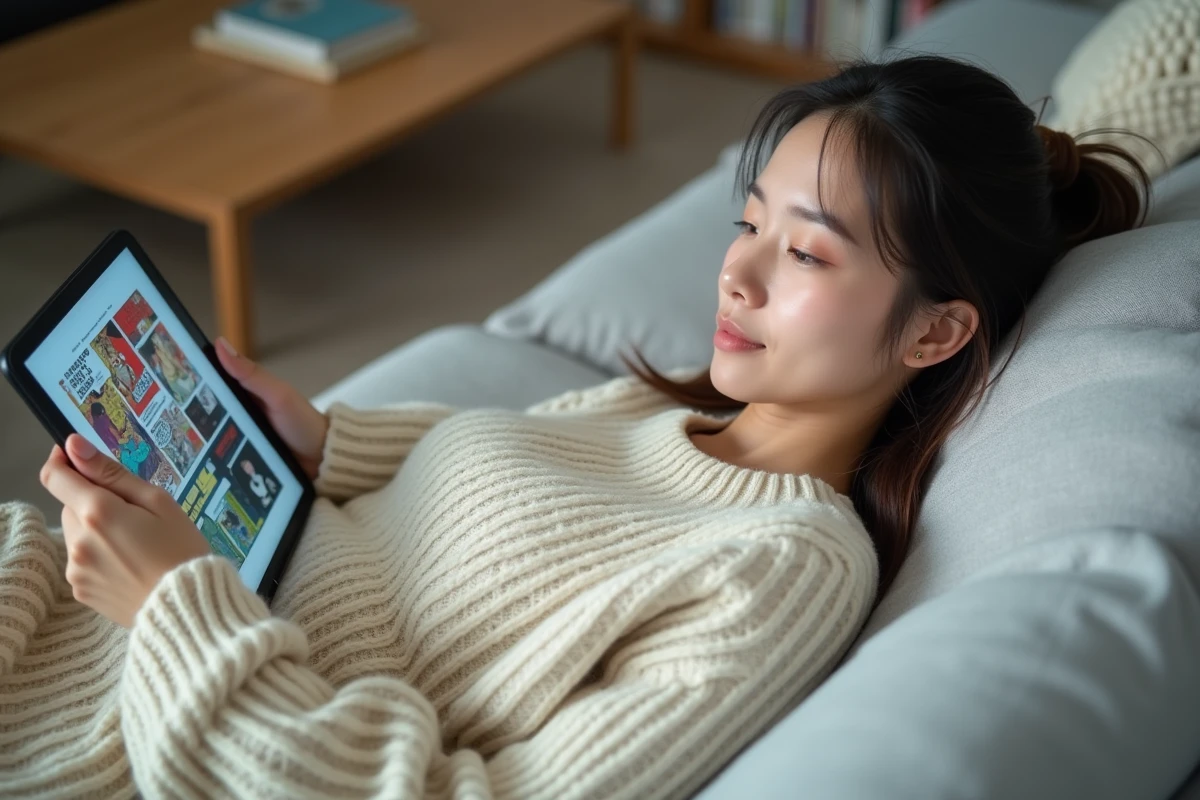 Jeune femme allongée sur un canapé lisant des mangas sur une tablette numérique dans un salon minimaliste moderne