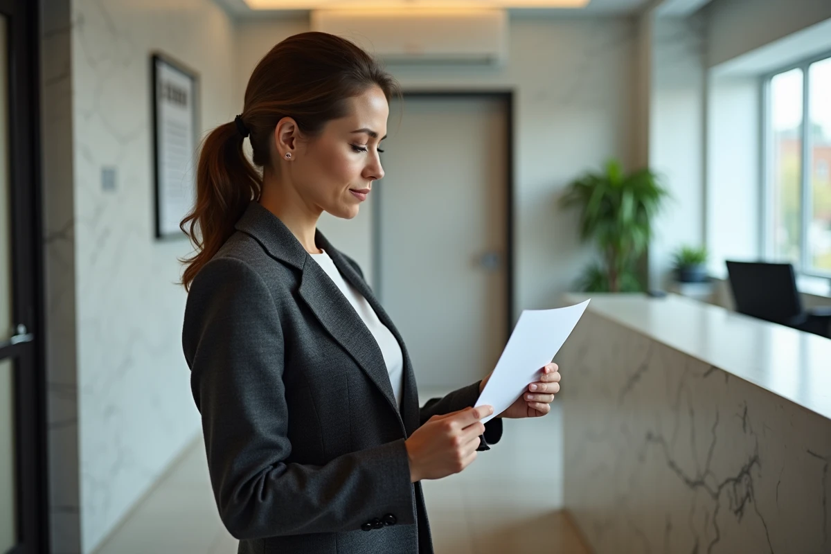 Femme professionnelle lisant une lettre dans un bureau moderne