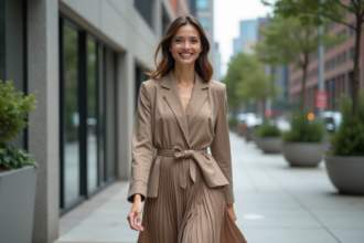 Femme élégante marche dans la ville moderne en tenue chic