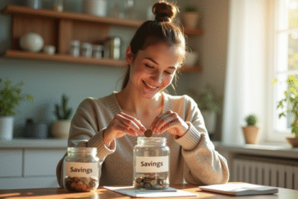 Jeune femme organisant des pièces et billets pour épargner
