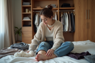 Femme triant des vêtements dans une chambre moderne