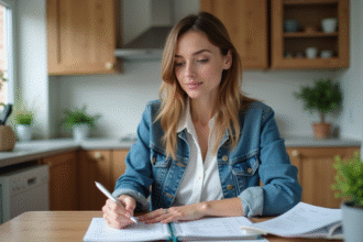 Femme organisée à la maison avec ses factures et carnet