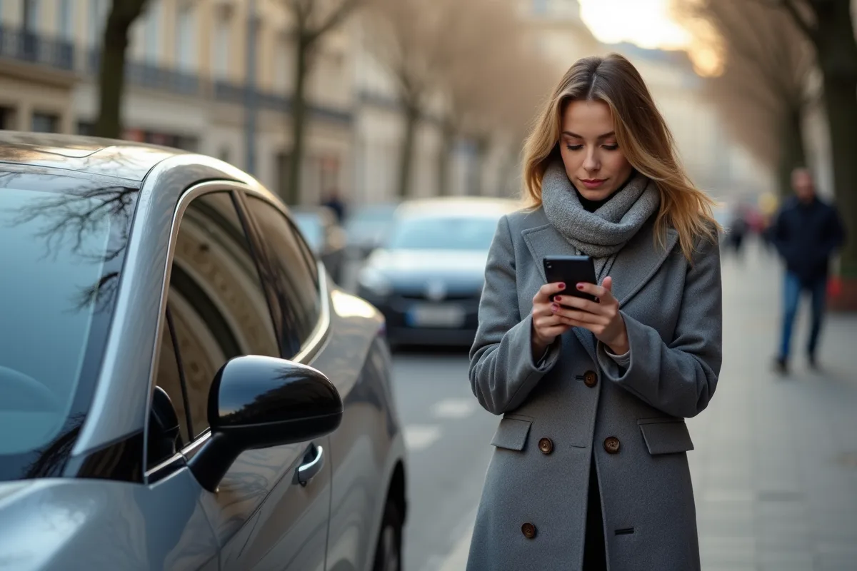Jeune femme urbaine vérifiant son smartphone à Paris