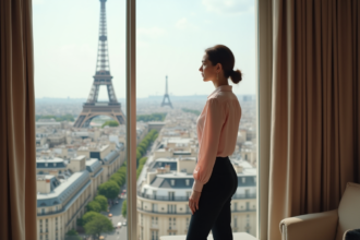 Femme élégante regardant la vue de Paris depuis une suite