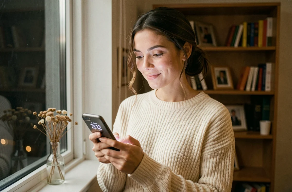 Femme pensive regardant l'heure 21h12 sur son téléphone, réfléchissant à la signification en amour de cette heure miroir