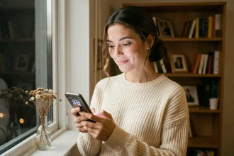 Femme pensive regardant l'heure 21h12 sur son téléphone, réfléchissant à la signification en amour de cette heure miroir