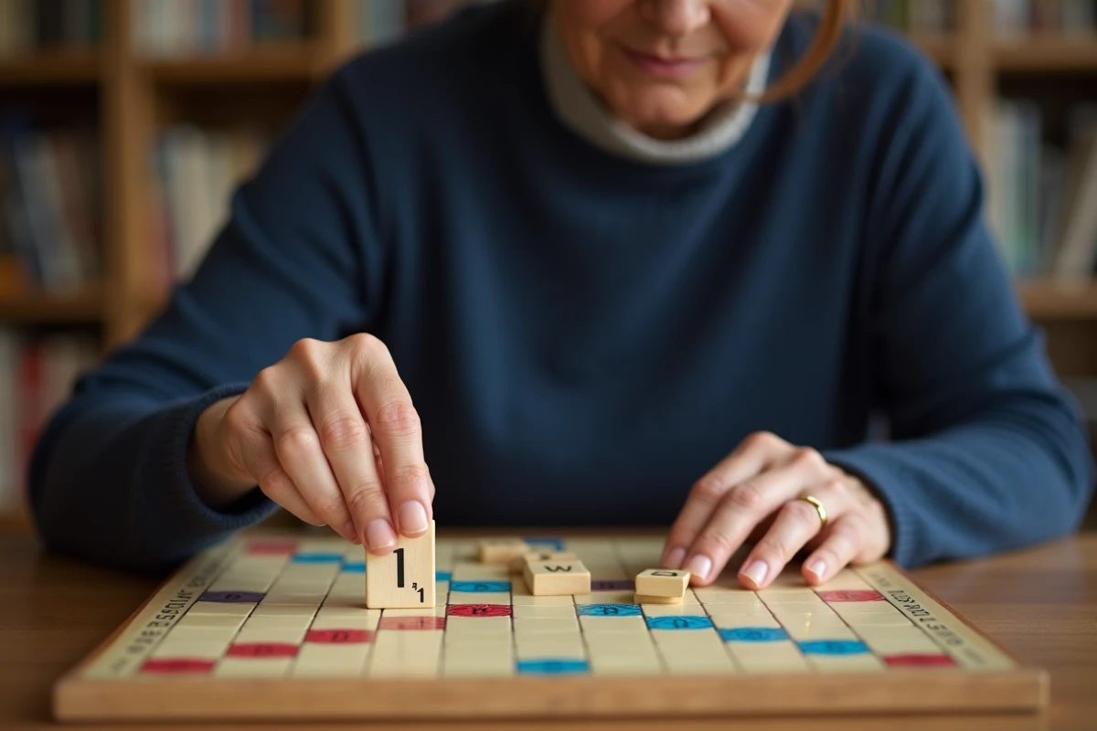 Femme posant une tuile de Scrabble sur un plateau de jeu en bois pour valider un coup