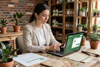 Femme utilisant une plateforme écologique de transition durable en co-working en 2026