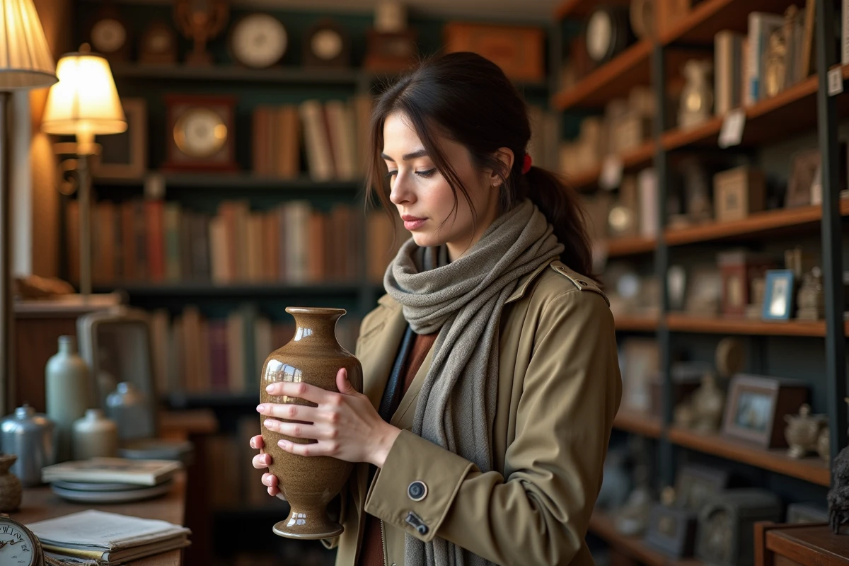 Femme inspectant une vase en céramique dans une boutique d