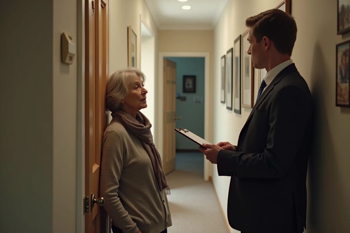 Femme âgée rencontrant un jeune homme dans le hall