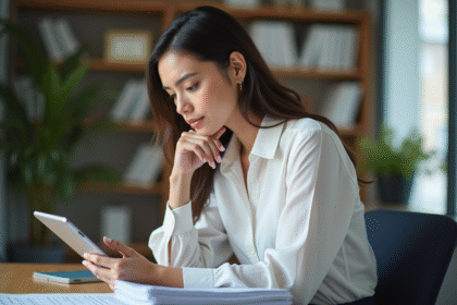 Jeune femme professionnelle regardant sa tablette dans un bureau