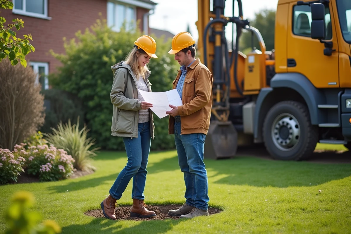 Femme propriétaire examinant des plans avec un professionnel en jardin