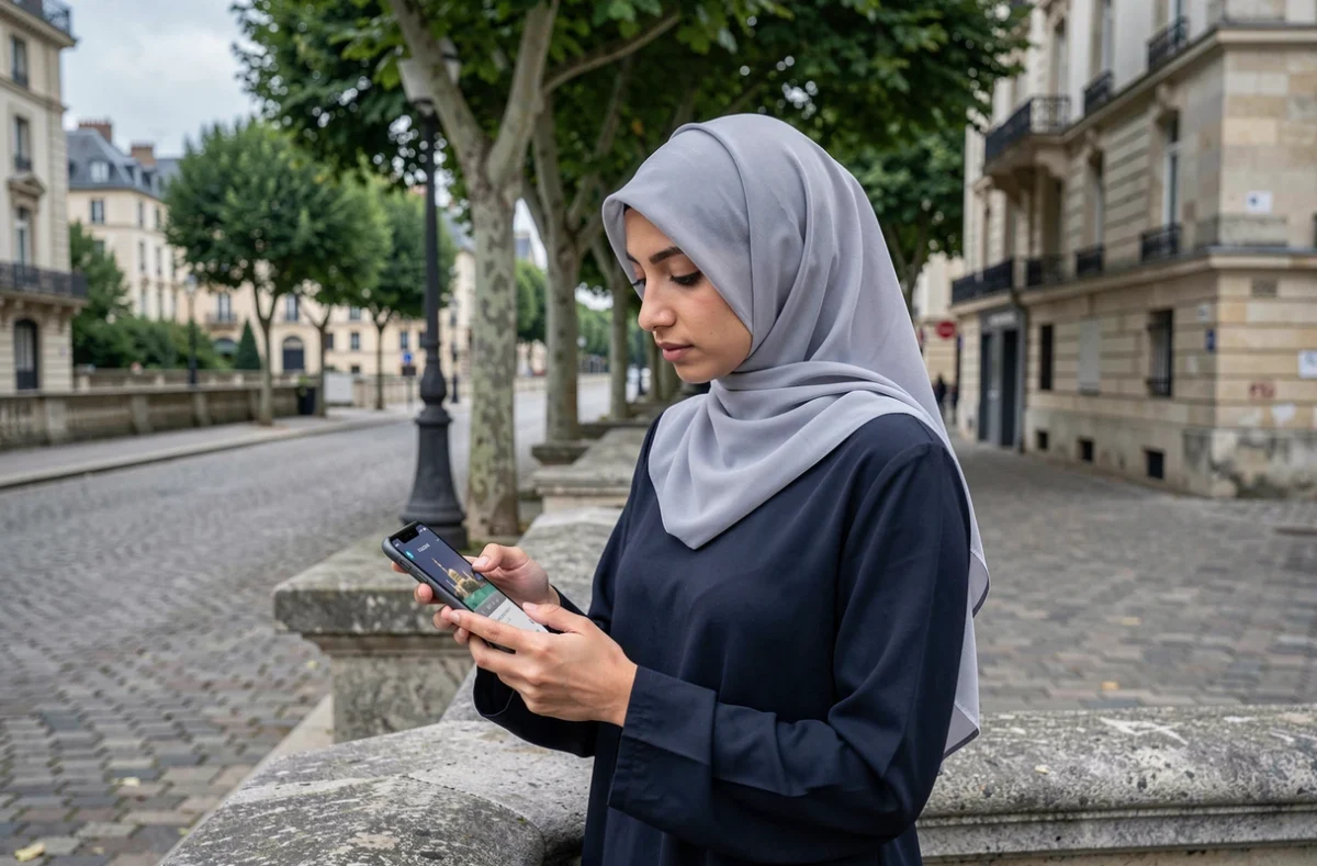 Femme consultant les horaires de prière sur smartphone en plein air à Compiègne