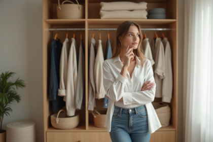 Femme en jean et chemise blanche dans une chambre cosy