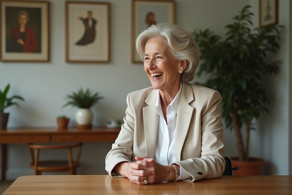 Femme de 70 ans souriante en intérieur cosy et lumineux