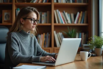 Femme consultant un site de suivi de manga sur un ordinateur portable dans un bureau organisé entouré de volumes de manga