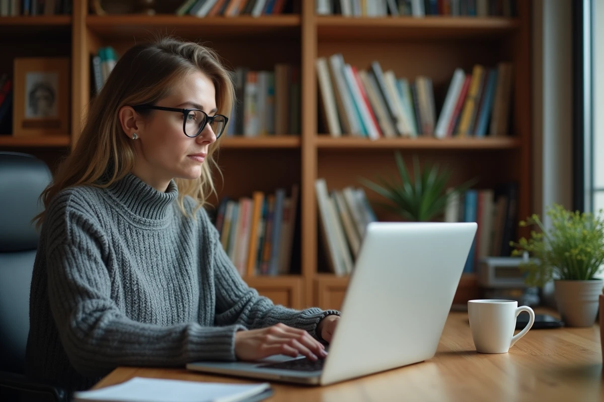 Femme consultant un site de suivi de manga sur un ordinateur portable dans un bureau organisé entouré de volumes de manga