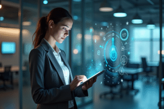 Jeune femme en businesscasual avec tablette digitale