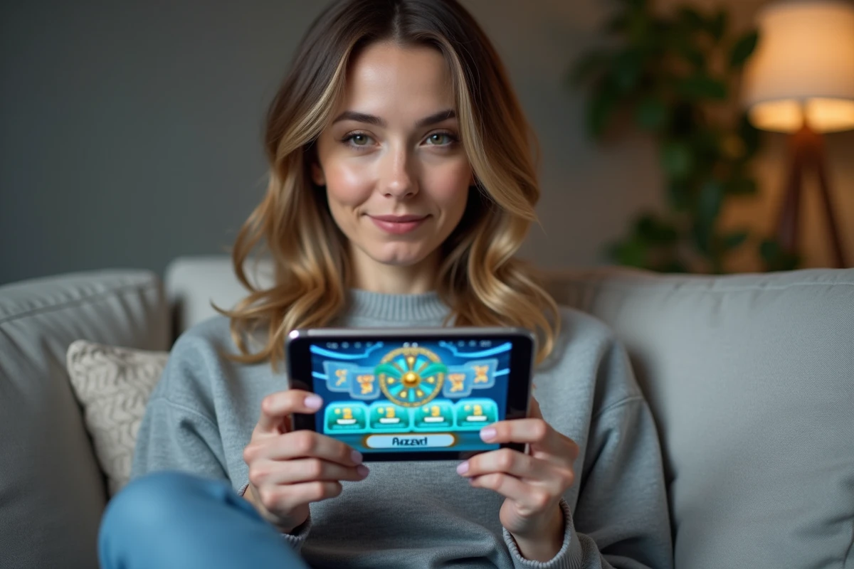 Femme découvrant les récompenses d'un code bonus sur un jeu de type Ninja Time via une tablette