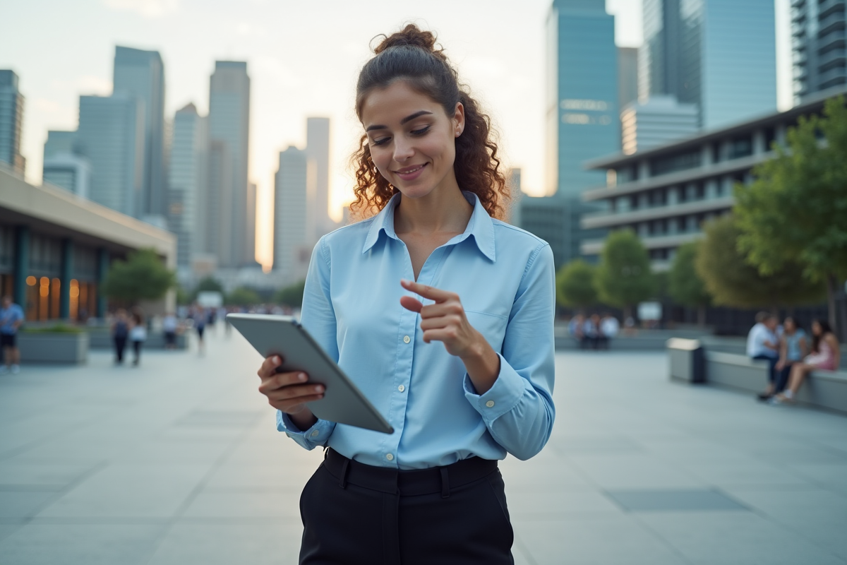Femme pointant une tablette avec un diagramme blockchain en extérieur