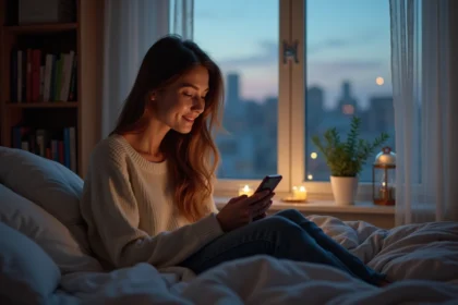 Jeune femme souriante regardant son téléphone au crépuscule