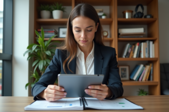 Femme en tenue professionnelle analysant des documents financiers