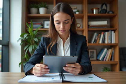 Femme en tenue professionnelle analysant des documents financiers
